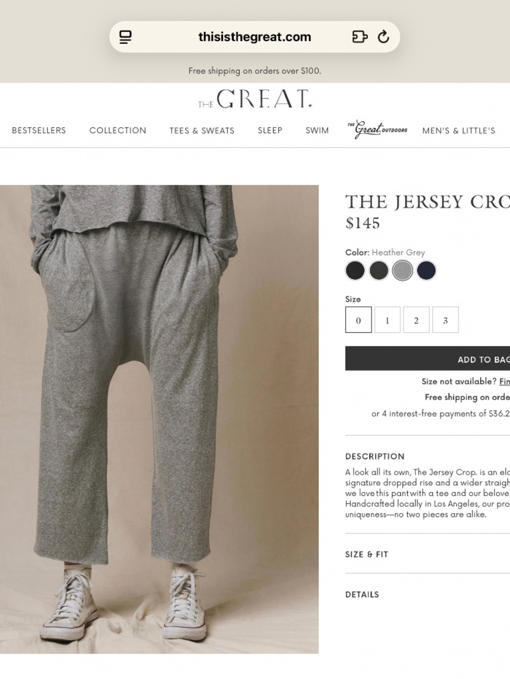 THE GREAT THE JERSEY CROP PANT/NWOT
